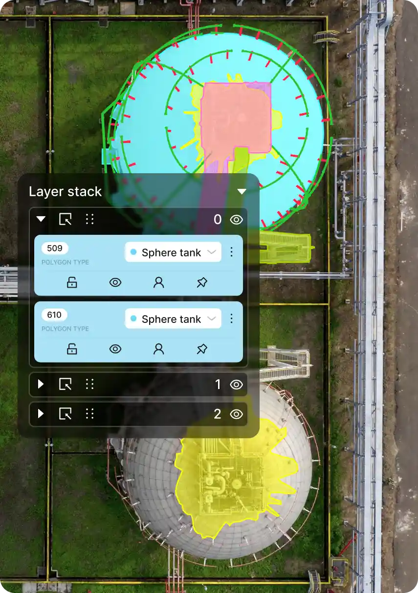 Aerial view of spherical tanks with polygon annotation layers