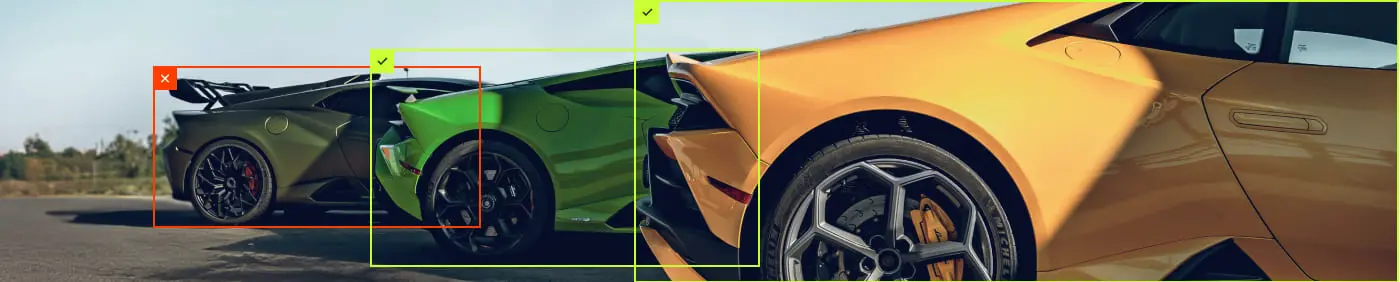 Sports cars with accepted and rejected validation bounding boxes