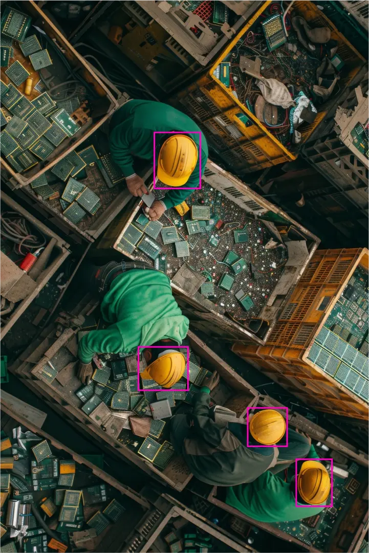 Hard hats labeled with bounding boxes